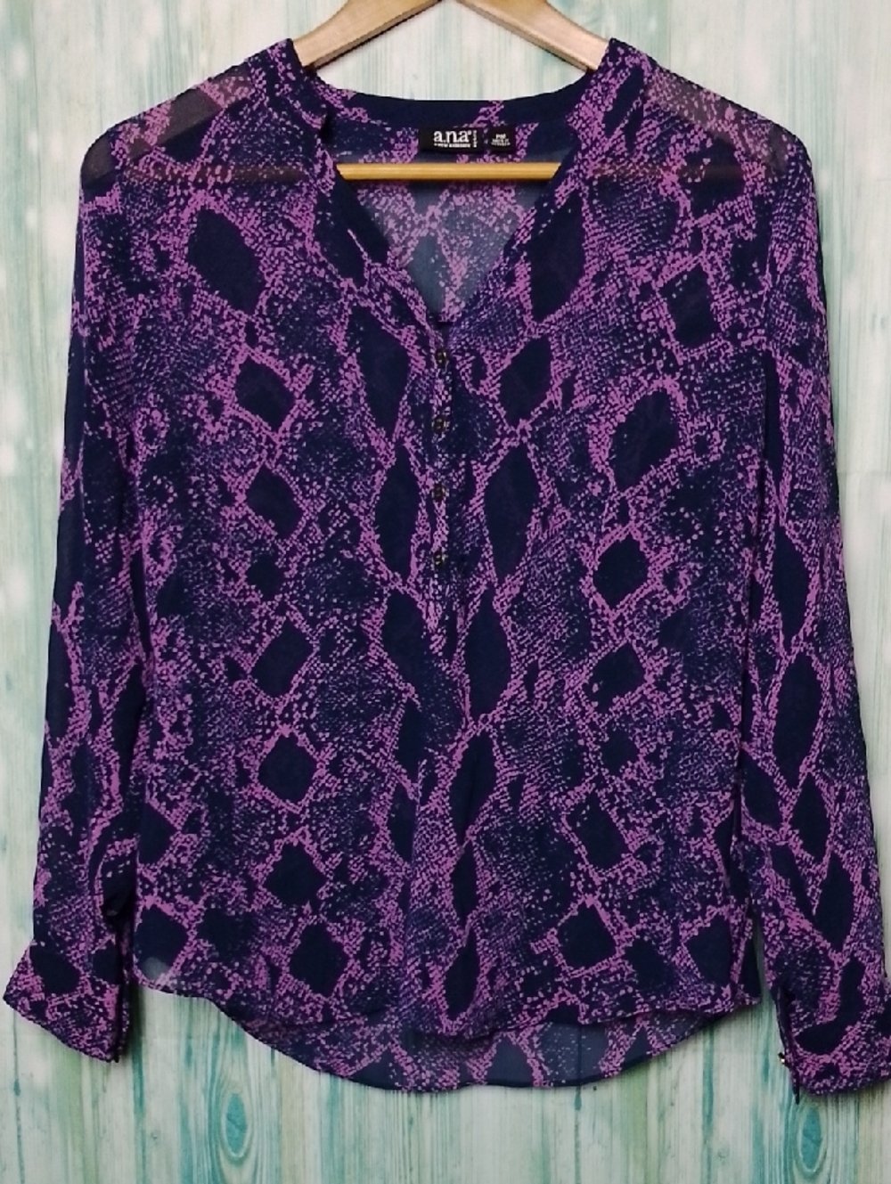 A.N.A Purple Snake Patterned Long-Sleeve V-Neck Sheer Blouse MP